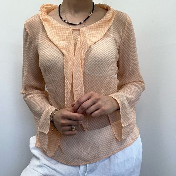 Vintage 100% Silk Sheer Peach Printed Tie Neck Long Sleeve Blouse Size M - Picture 3 of 10